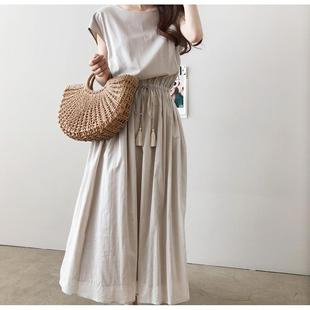 棉麻气质大摆裙长裙 抽绳收腰显瘦大码 韩国chic连衣裙2022夏季 新款