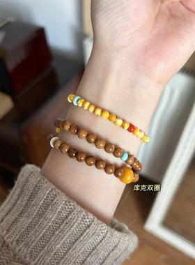 原创手作精品文玩天然高抛库克圆珠手串小众双圈佛珠老蜜蜡桶珠文