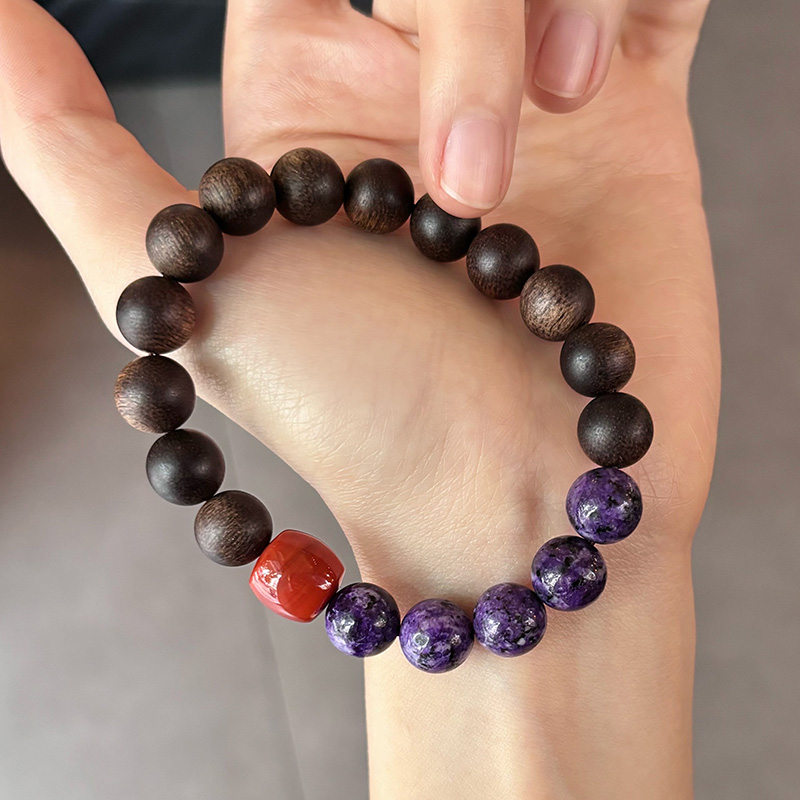 天然沉香南红紫龙晶复古佛珠手链