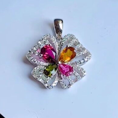 星赞S925纯银镀金彩宝天然彩色碧玺四叶草造型吊坠缤纷彩宝吊坠