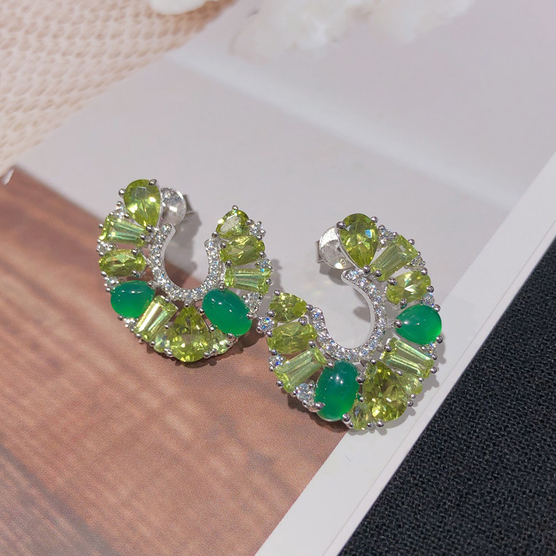 星赞S925纯银镀金绿玛瑙拼天然橄榄石耳环百搭简约小众高级欧美