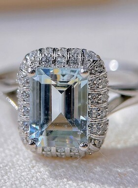 星赞S925纯银镀金约2.03克拉天然海蓝宝方切戒指晶体干净透亮轻奢