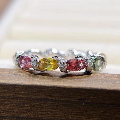 星赞S925纯银镀金约2.72克拉天然彩色碧玺戒指满圈丝带缠绕简约