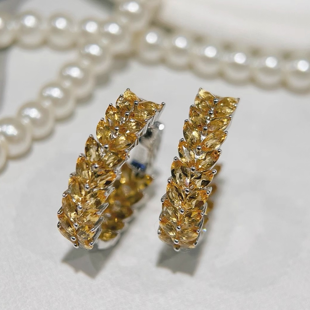 星赞轻奢珠宝s925银镶嵌约4.24克拉天然黄水晶麦穗耳圈精致大气