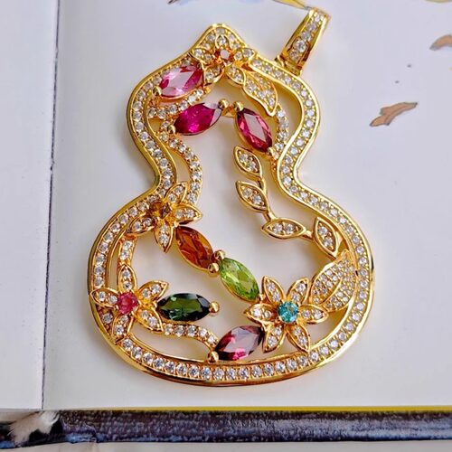 星赞S925纯银镀金天然彩色碧玺镂空葫芦吊坠福禄双全轻奢中国风