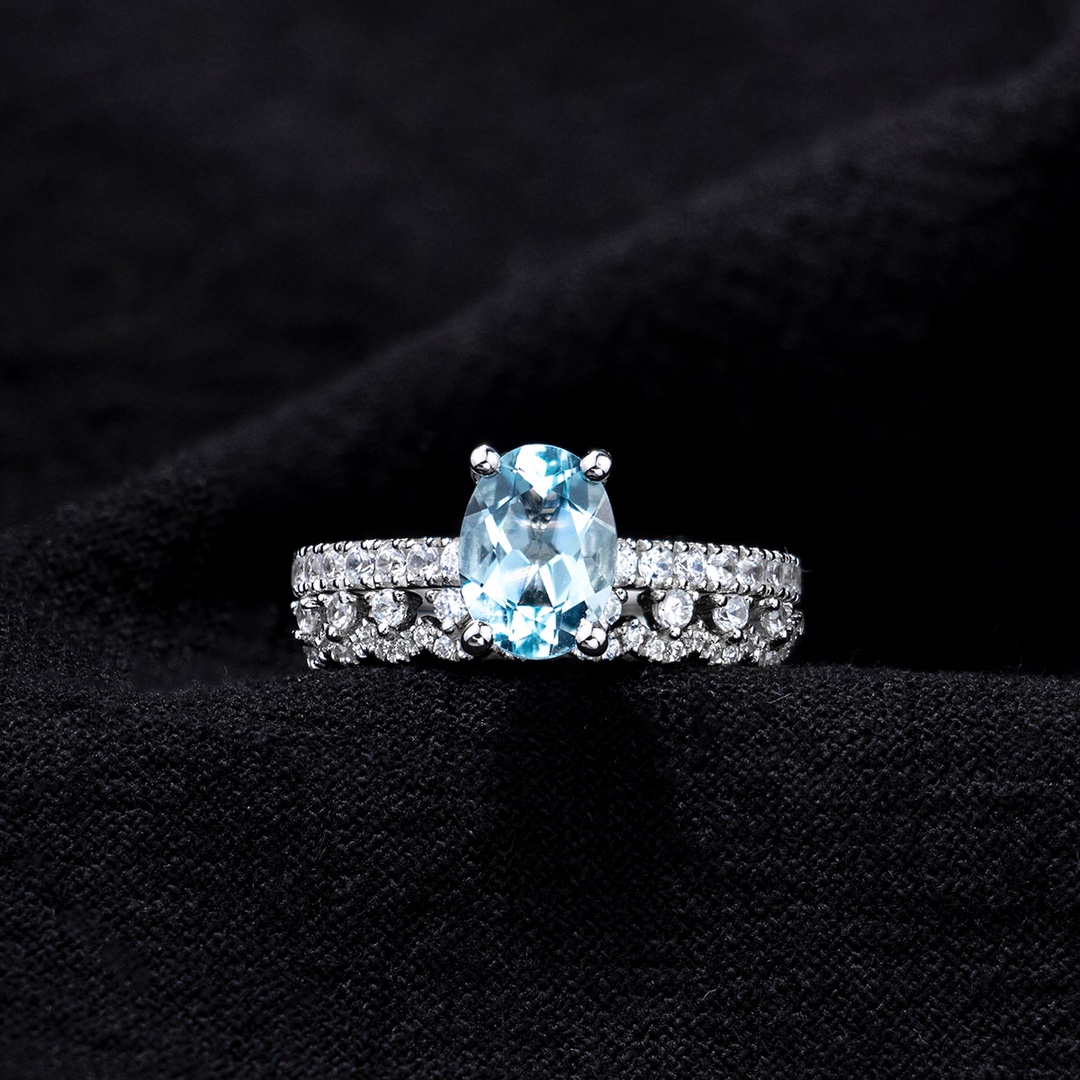 星赞轻奢珠宝S925银镶约1.11克拉天然海蓝宝简单镶嵌多戴款戒指