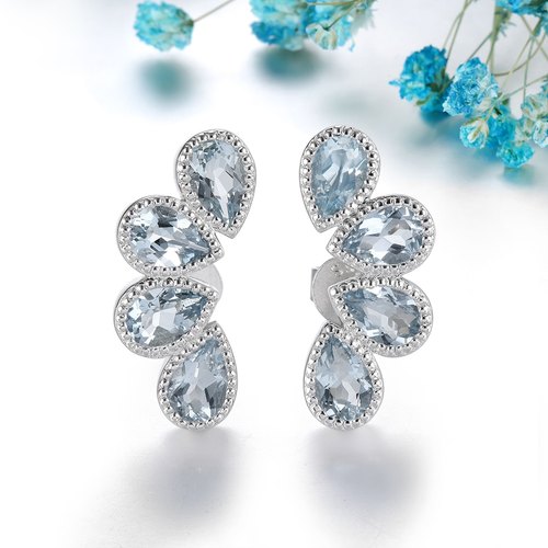 星赞轻奢珠宝S925银镶嵌天然海蓝宝石水滴形切割精致耳钉项链套装