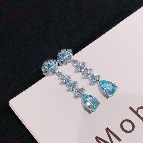 星赞S925纯银镀金约15克拉天然托帕石精致优雅长流苏耳钉耳饰简约