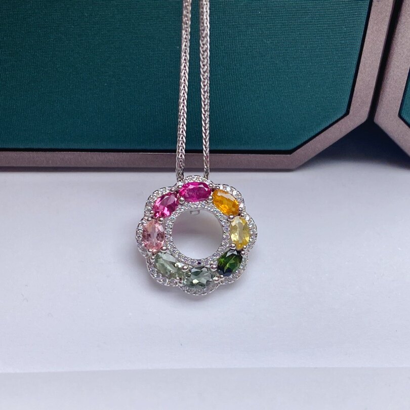 星赞S925纯银镀金彩宝天然彩色碧玺项链缤纷彩宝环形花花吊坠简约