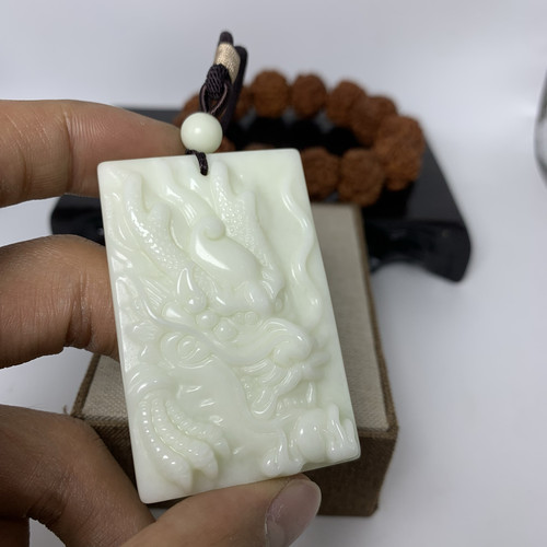 蓝田玉白玉龙牌吊坠男款龙头玉佩霸气威武龙牌玉坠护主兵马俑活玉