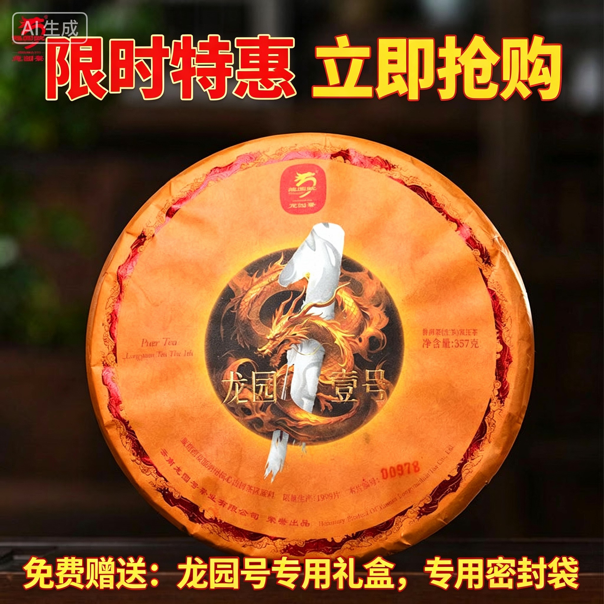 云南普洱茶 生茶龙园号2024年龙园1号生饼 龙园壹号七子饼357g