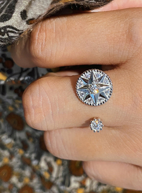 吾爱轻奢冷清高级感八芒星罗盘满钻戒指开口925纯银时尚精致指环