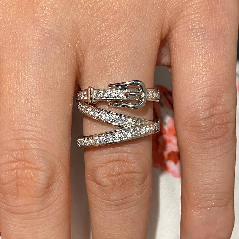 吾爱轻奢925纯银镀18k白金满钻三层皮带扣戒指女时髦显瘦气质指环