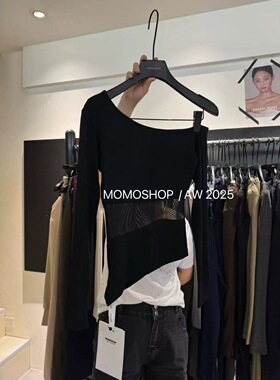 ADD早春新款一字肩上衣女2026网纱小众黑色长袖t恤不规则设计感