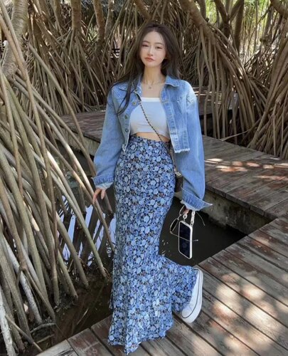 度假风褶皱碎花裙鱼尾长裙女