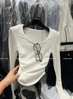 ADD韩版2026春季款U领辣妹紧身修腰褶皱长袖垫肩T恤上衣打底衫女
