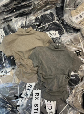 百搭半高领短袖T恤女2025早秋新款韩系修身气质褶皱显瘦上衣女