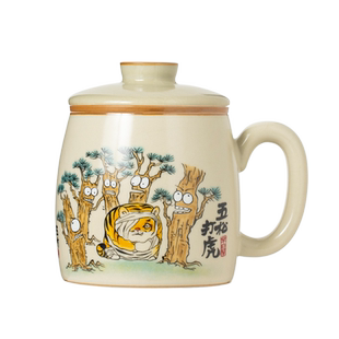 汝窑五松打虎泡茶杯家用带盖马克杯陶瓷水杯个人专用定制男士杯子