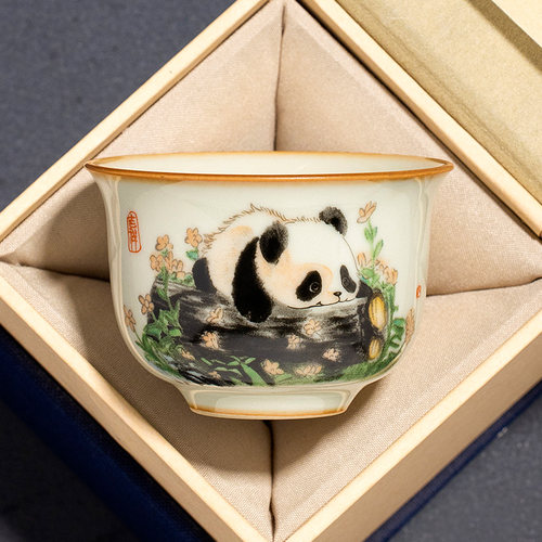 陶瓷汝窑熊猫圆鼎杯家用茶杯定制