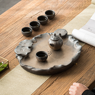 干泡托盘 手工陶瓷茶盘家用功夫茶具茶台简约储水排水双用复古日式