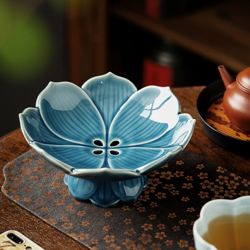 手工陶瓷日式霁蓝沥水果盘