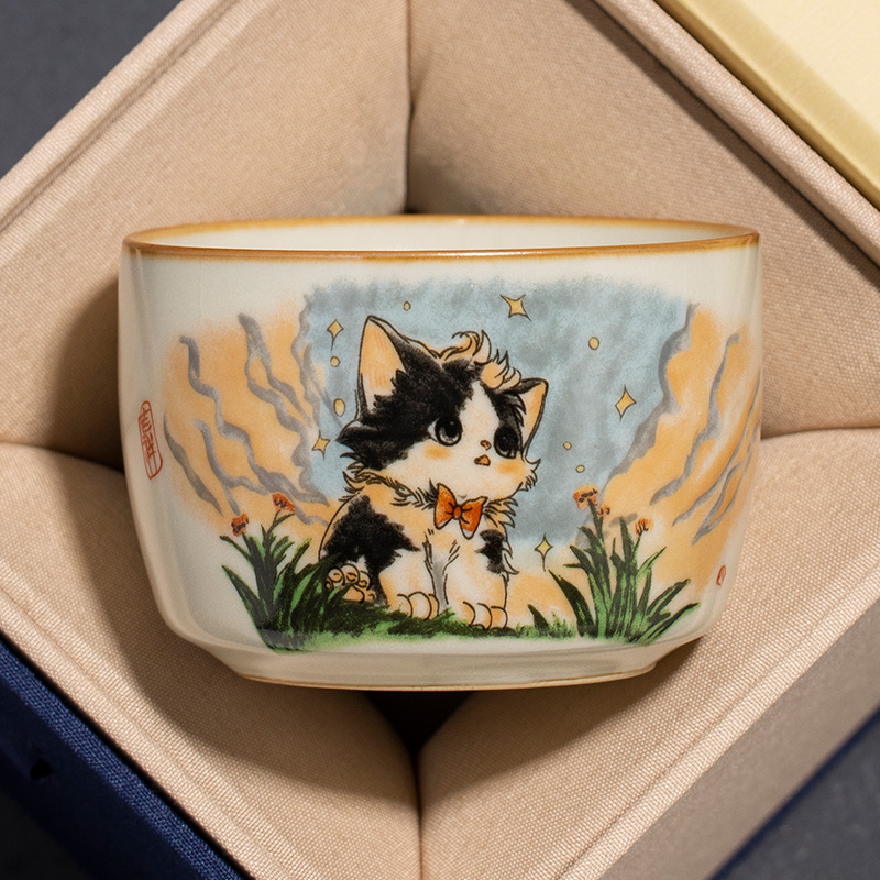 汝窑可爱猫茶杯主人杯品茗杯定制