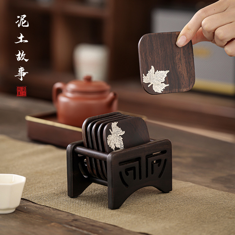 黑檀木镶锡荷叶家用茶托