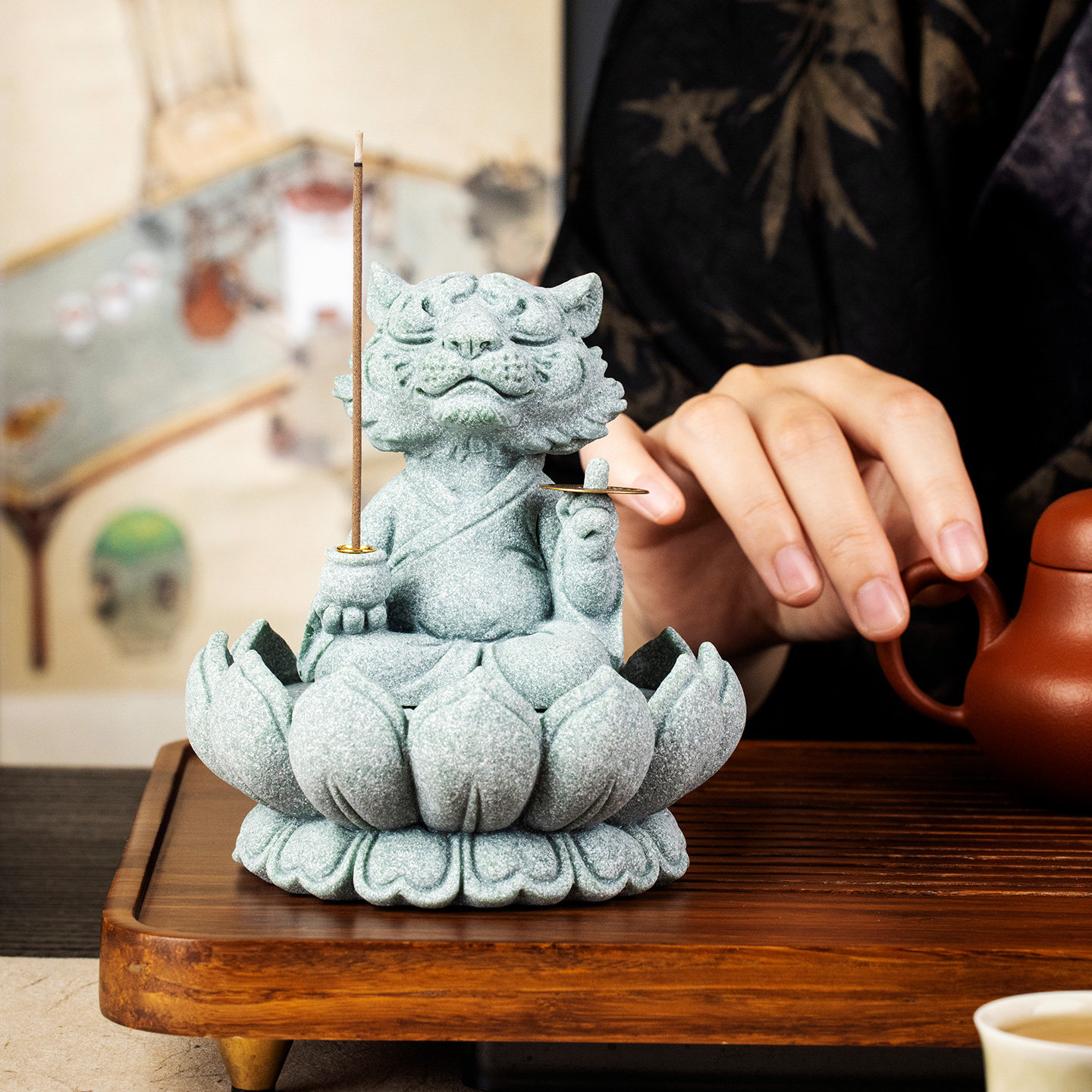 青砂石寅虎一定赚香插线香茶宠家用高端可养摆件轻奢高档香炉茶玩
