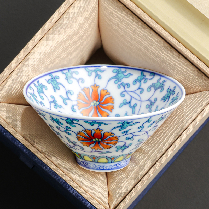 青花斗彩茶杯斗笠杯个人专用