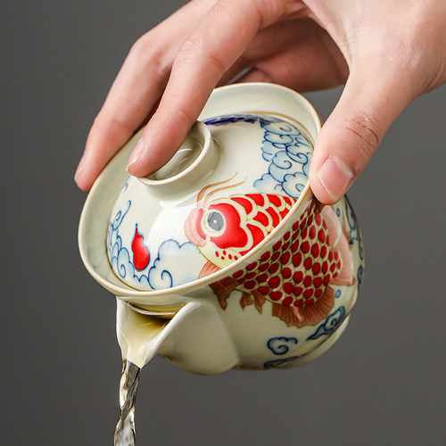 陶瓷龙鱼防烫手盖碗茶杯手抓壶