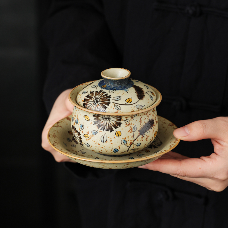 青花火石红缠枝莲三才盖碗泡茶碗