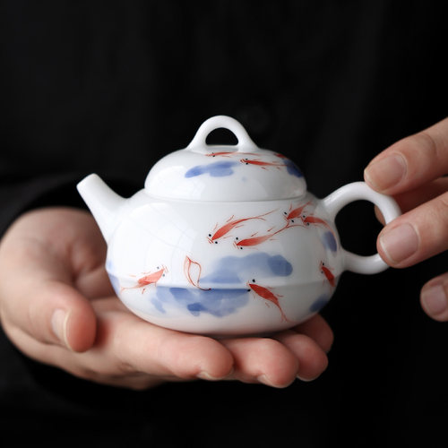 纯手绘墨画鱼戏小泡茶壶陶瓷功夫茶具茶水分离手把壶中式沏茶单壶
