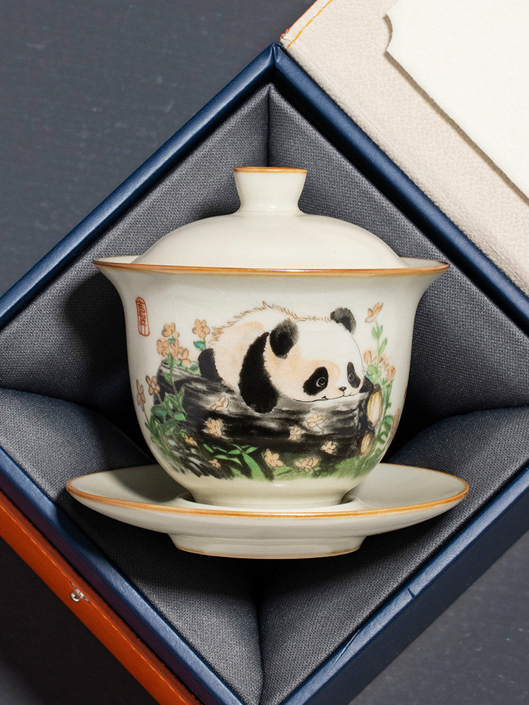 汝窑熊猫三彩碗大带盖单高端家用茶杯功夫茶具定制茶碗