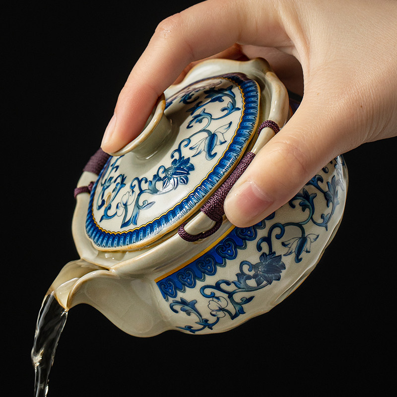 汝窑青花缠枝莲盖碗茶杯防烫