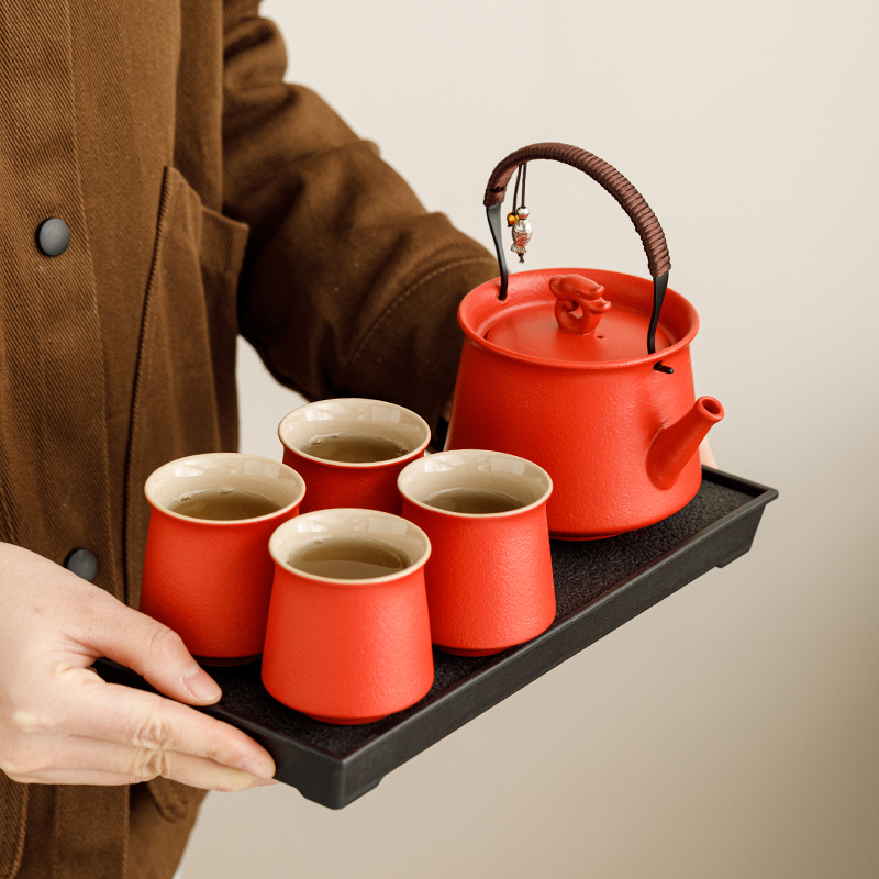 磨砂红提梁茶壶泡茶家用功夫茶具
