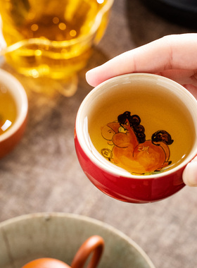 马上有钱旋风国潮手绘盏手绘萌马生肖功夫茶具品茗杯新年开运茶盏