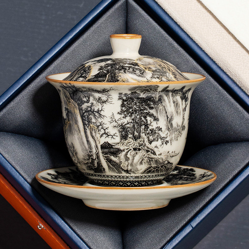 汝窑水墨山水三才盖碗陶瓷家用高档精致泡茶碗大号不烫手功夫茶具