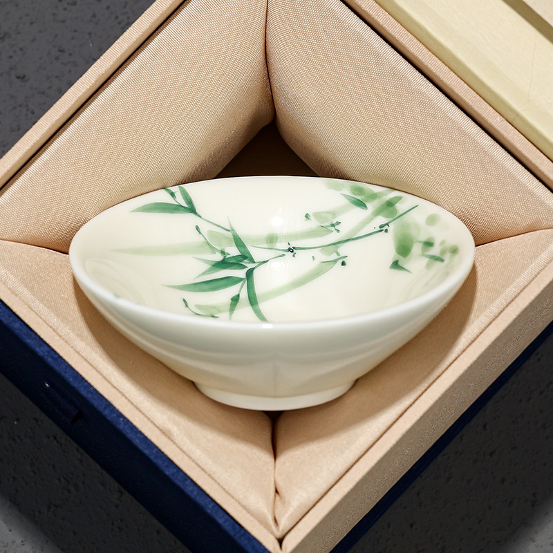 纯手绘翠釉绿竹-斗笠杯礼盒装