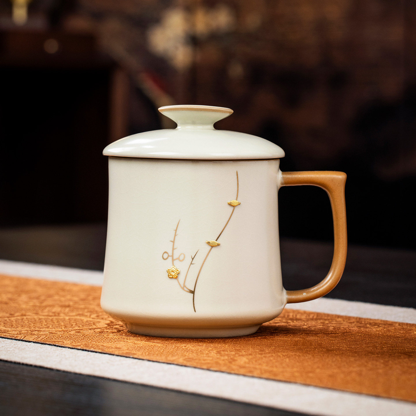 汝窑茶杯带盖办公室喝水杯高档个人专用泡茶杯子家用陶瓷马克杯