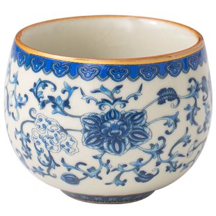 汝窑青花缠枝莲禅定茶杯高档可养主人杯送礼男女个人专用品茗杯子