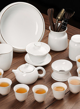 乳脂玉白瓷功夫茶具套装家庭办公茶壶盖碗茶杯陶瓷高端无障碍奢侈