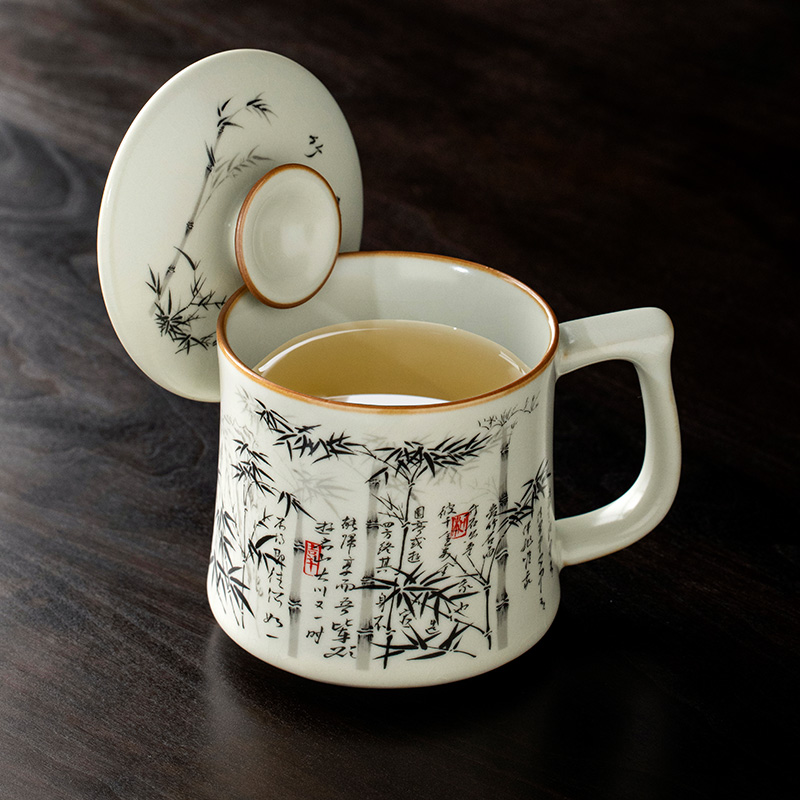 汝窑墨竹茶杯陶瓷带盖水杯定制