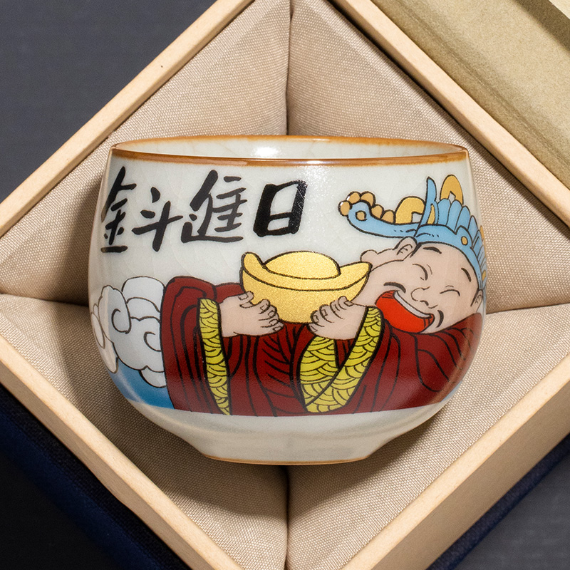汝窑日进斗金财神茶杯主人杯