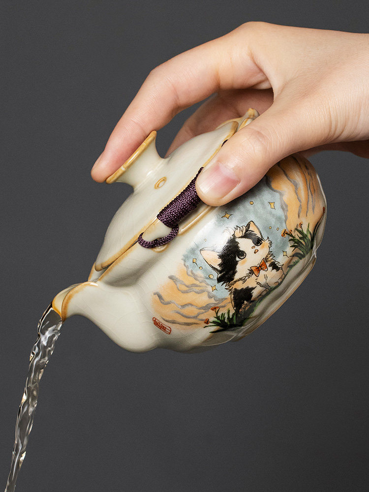 汝窑可爱猫手抓壶盖碗茶杯单个高档家用防烫泡茶壶茶杯茶具套装