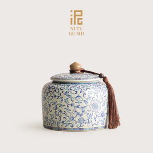青花缠枝莲汝窑陶瓷茶叶罐精品高档绿茶白茶红茶防潮罐密封储存罐