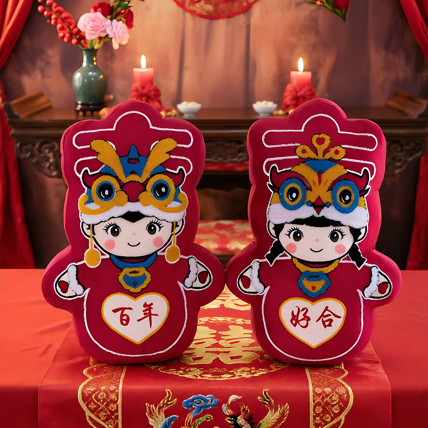 中式龙凤抱枕红色喜庆结婚靠垫新年装饰百年好合订婚摆件压床娃娃