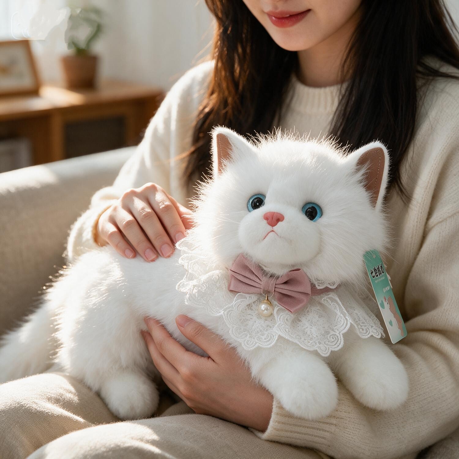 正版仿真布偶猫白色猫咪毛绒玩具公仔蕾丝领结蝴蝶结玩偶生日礼物