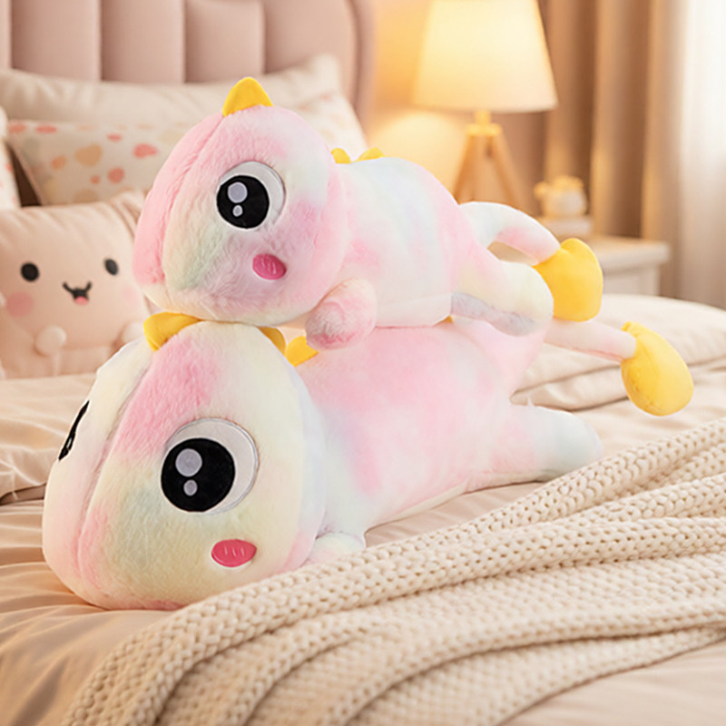 卡通长条趴姿七彩恐龙抱枕毛绒公仔少发靠枕装饰玩偶儿童生日礼物