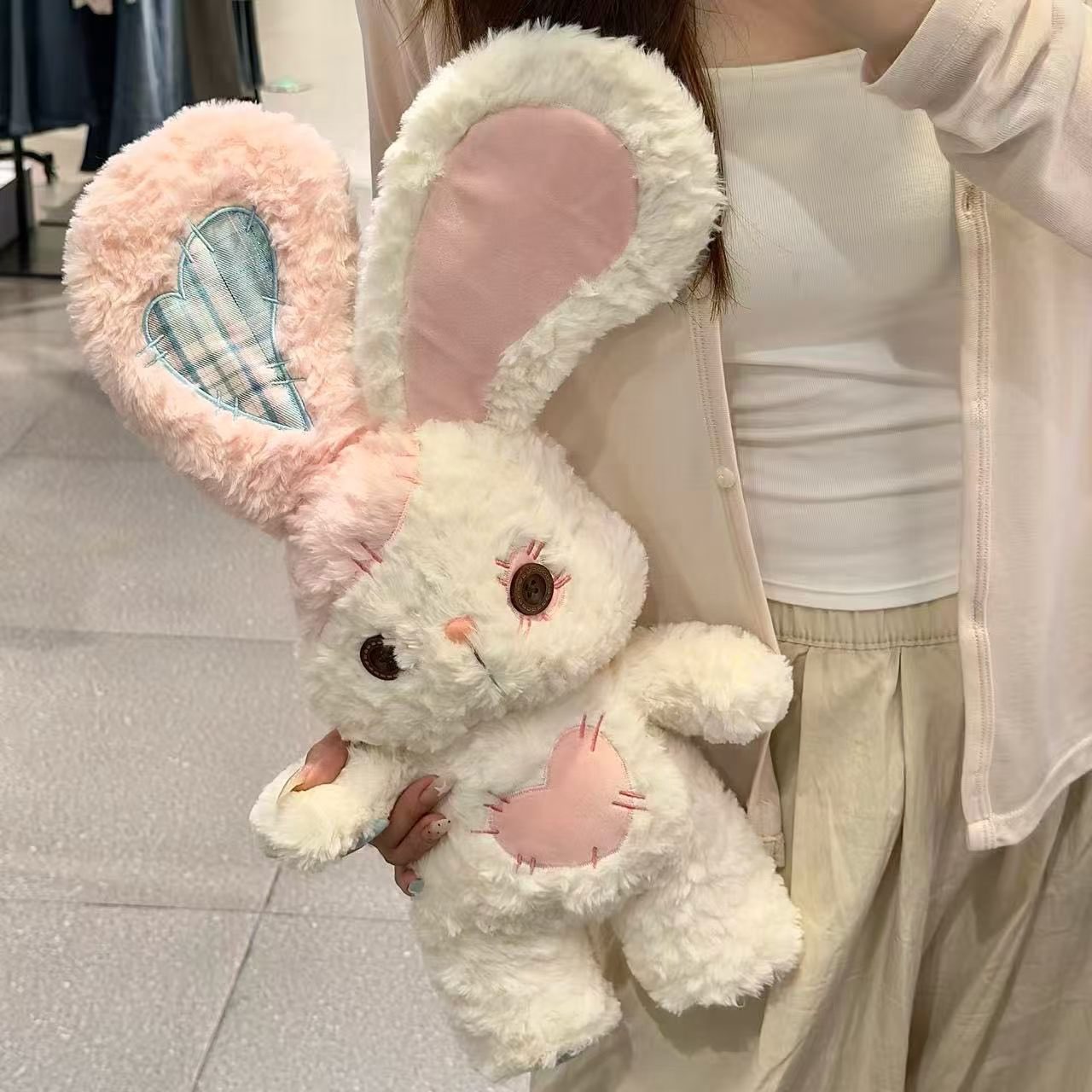 纽扣兔子毛绒公仔复古补丁玩偶大耳兔软萌抱枕少女心节日送礼玩具