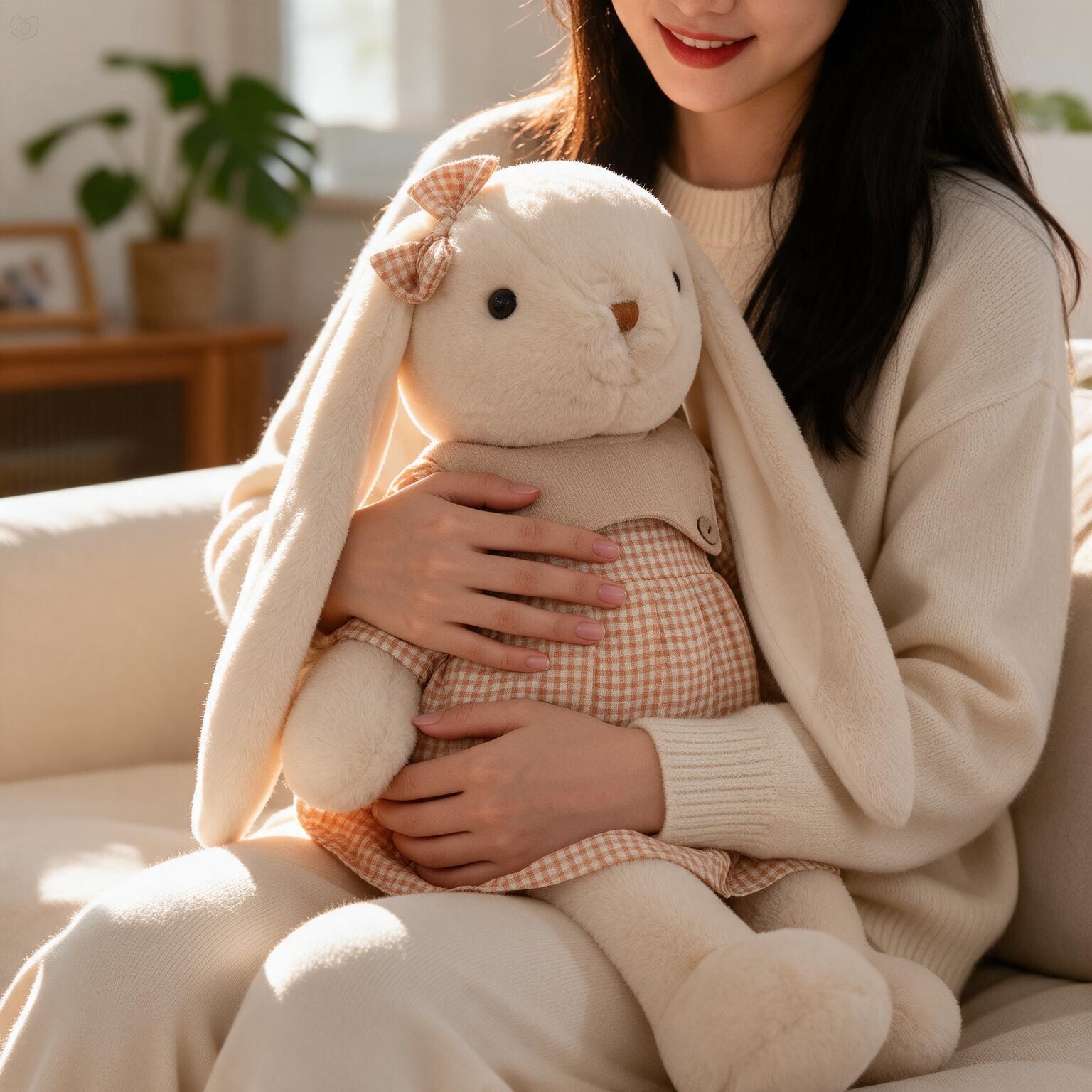 奶油风长耳朵兔子超萌安抚兔毛绒玩具床上抱枕可爱抱枕生日礼物女